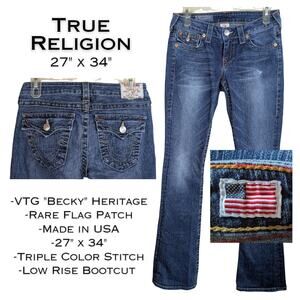 True Religion Becky Heritage Jeans 27 Flag Patch Low Rise 3 Color Stitch Y2K